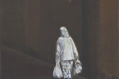Alte-Frau-mit Tüten, Acryl auf Leinwand, 2017, 30 x 30 cm